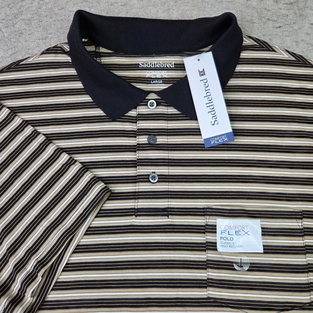 Saddlebred Comfort Flex Polo Shirt Mens Large Tan Black Striped Short Sleeve NEW